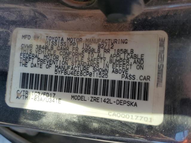 Photo 10 from auction – 2012 TOYOTA COROLLA BA with VIN 5YFBU4EE8CP011525
