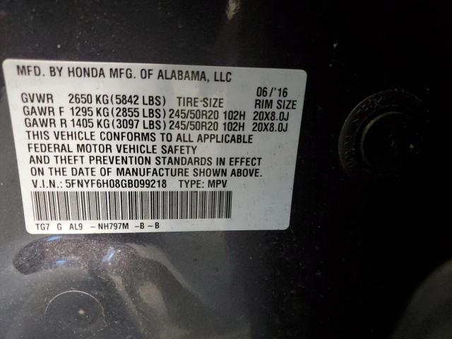Photo 10 from auction – 2016 HONDA PILOT ELIT with VIN 5FNYF6H08GB099218