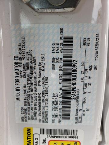Photo 10 from auction – 2020 FORD FUSION SE with VIN 3FA6P0HD0LR180992