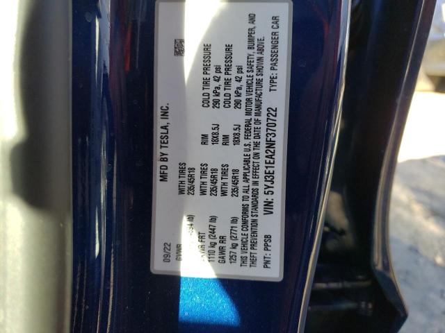 Photo 10 from auction – 2022 TESLA MODEL 3 with VIN 5YJ3E1EA2NF370722