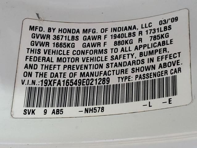 Photo 10 from auction – 2009 HONDA CIVIC LX with VIN 19XFA16549E021289