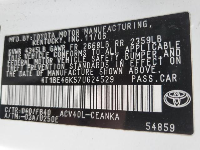 Photo 10 from auction – 2007 TOYOTA CAMRY CE with VIN 4T1BE46K57U624529