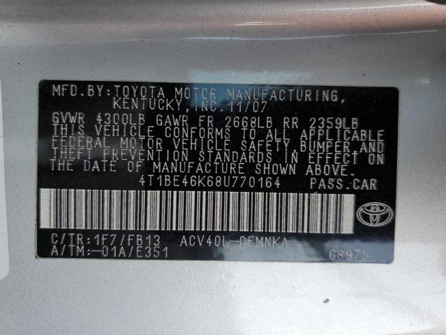 Photo 10 from auction – 2008 TOYOTA CAMRY CE with VIN 4T1BE46K68U770164