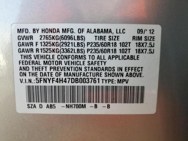 Photo 10 from auction – 2013 HONDA PILOT EX with VIN 5FNYF4H47DB003761