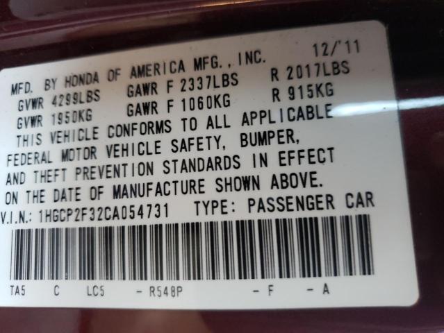 Photo 10 from auction – 2012 HONDA ACCORD LX with VIN 1HGCP2F32CA054731