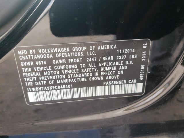 Photo 10 from auction – 2015 VOLKSWAGEN PASSAT SE with VIN 1VWBV7A3XFC045401