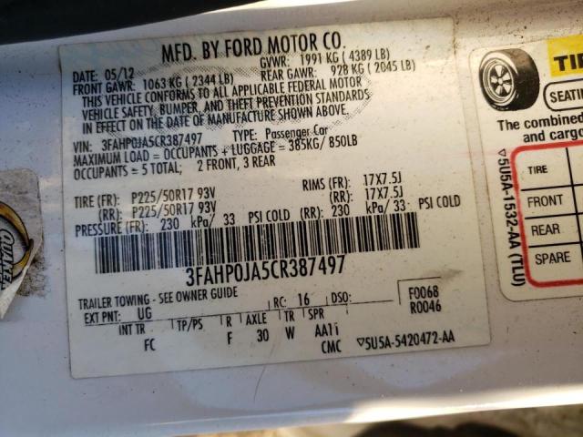 Photo 10 from auction – 2012 FORD FUSION SEL with VIN 3FAHP0JA5CR387497