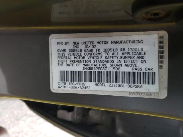 Photo 10 from auction – 2003 TOYOTA COROLLA CE with VIN 1NXBR32E03Z111598