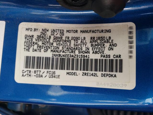 Photo 10 from auction – 2010 TOYOTA COROLLA BA with VIN 1NXBU4EE3AZ315941