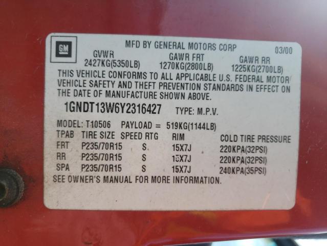 Photo 10 from auction – 2000 CHEVROLET BLAZER with VIN 1GNDT13W6Y2316427