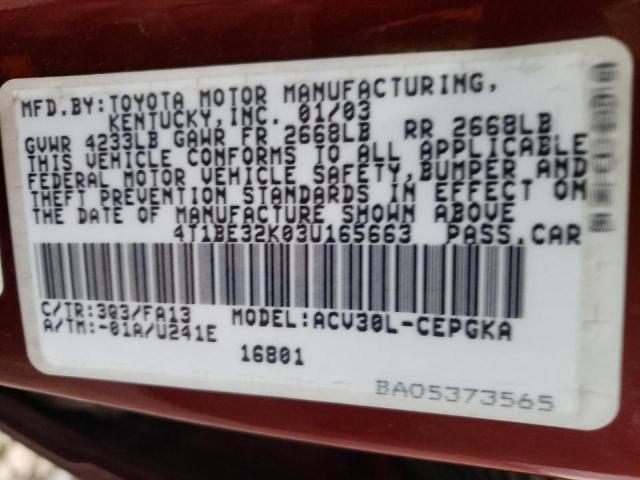 Photo 10 from auction – 2003 TOYOTA CAMRY LE with VIN 4T1BE32K03U165663