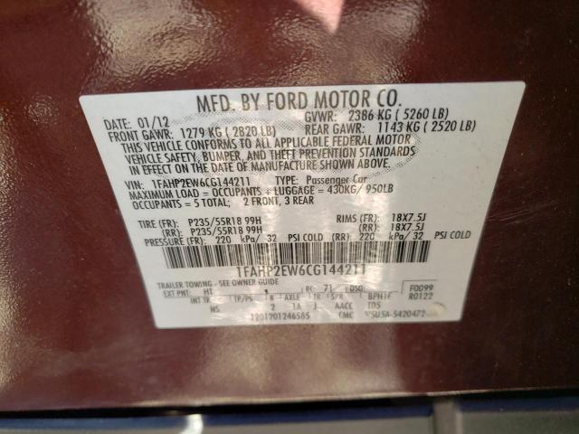 Photo 10 from auction – 2012 FORD TAURUS SEL with VIN 1FAHP2EW6CG144211