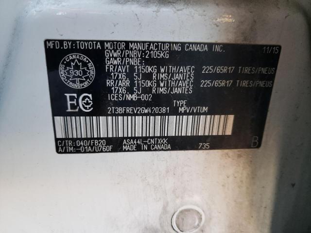 Photo 10 from auction – 2016 TOYOTA RAV4 LE with VIN 2T3BFREV2GW420381
