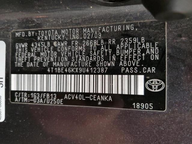 Photo 10 from auction – 2009 TOYOTA CAMRY BASE with VIN 4T1BE46KX9U412387