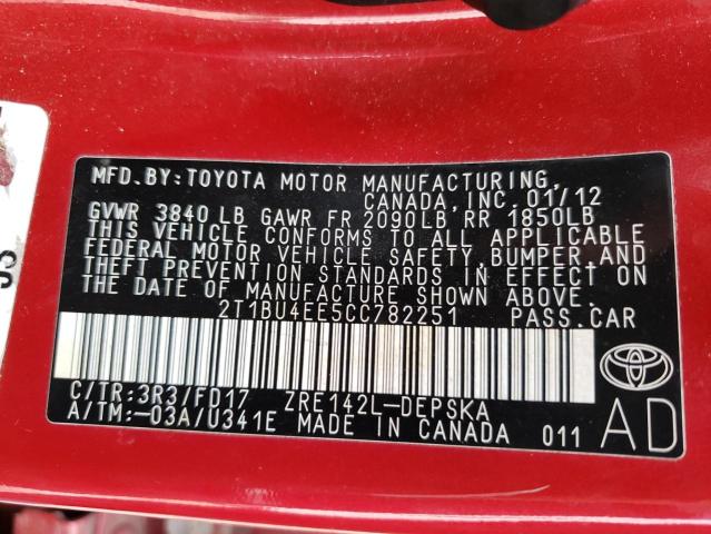Photo 10 from auction – 2012 TOYOTA COROLLA S with VIN 2T1BU4EE5CC782251