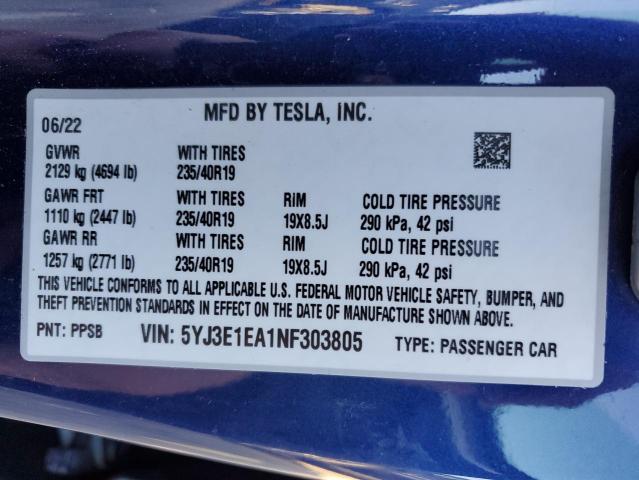 Photo 10 from auction – 2022 TESLA MODEL 3 with VIN 5YJ3E1EA1NF303805