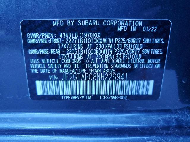 Photo 10 from auction – 2022 SUBARU CROSSTREK with VIN JF2GTAPC8NH226941