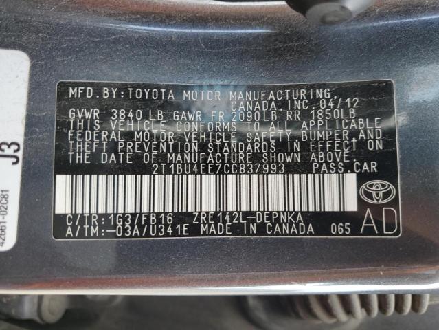 Photo 10 from auction – 2012 TOYOTA COROLLA BA with VIN 2T1BU4EE7CC837993