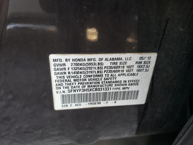 Photo 10 from auction – 2012 HONDA PILOT EXL with VIN 5FNYF3H5XCB031331