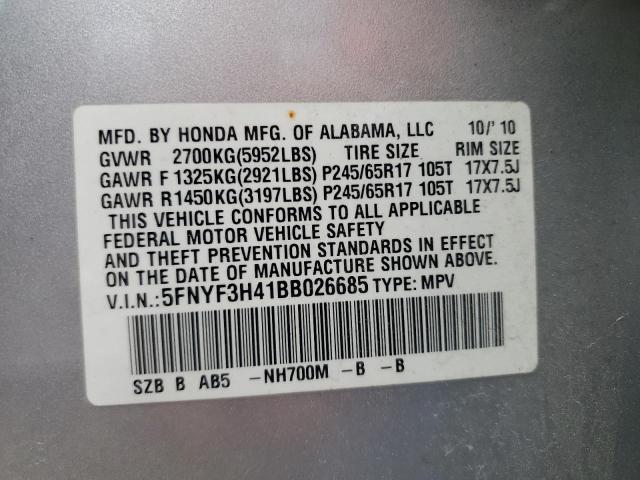 Photo 10 from auction – 2011 HONDA PILOT EX with VIN 5FNYF3H41BB026685