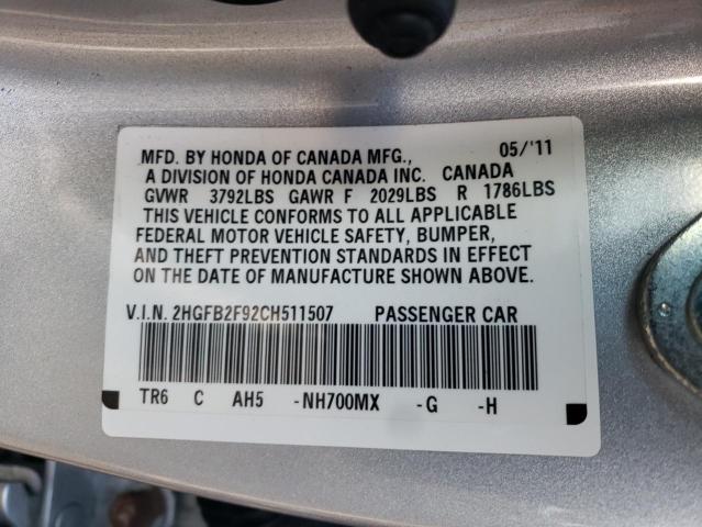 Photo 10 from auction – 2012 HONDA CIVIC EXL with VIN 2HGFB2F92CH511507