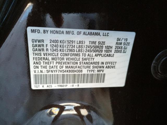 Photo 10 from auction – 2019 HONDA PASSPORT E with VIN 5FNYF7H54KB004308