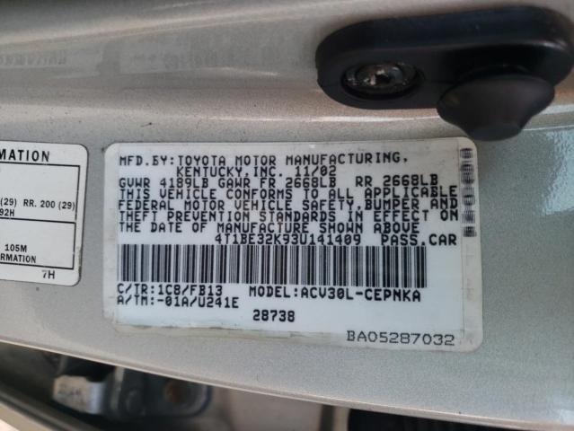 Photo 10 from auction – 2003 TOYOTA CAMRY LE with VIN 4T1BE32K93U141409