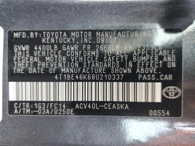 Photo 10 from auction – 2008 TOYOTA CAMRY CE with VIN 4T1BE46K68U210337