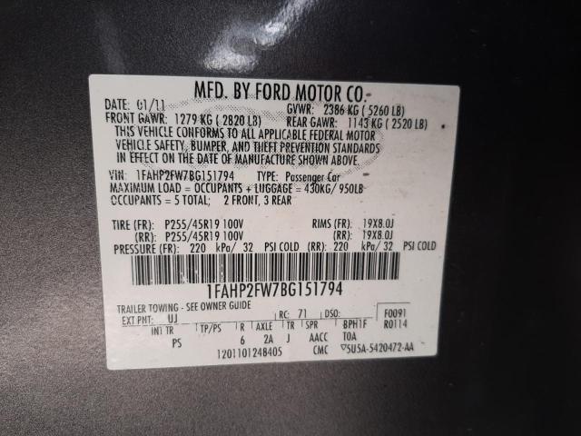Photo 10 from auction – 2011 FORD TAURUS LIM with VIN 1FAHP2FW7BG151794