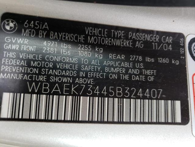 Photo 10 from auction – 2005 BMW 645 CI AUT with VIN WBAEK73445B324407