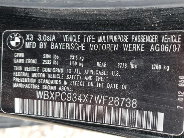 Photo 10 from auction – 2007 BMW X3 3.0SI with VIN WBXPC934X7WF26738