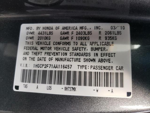 Photo 10 from auction – 2010 HONDA ACCORD EX with VIN 1HGCP2F71AA116457
