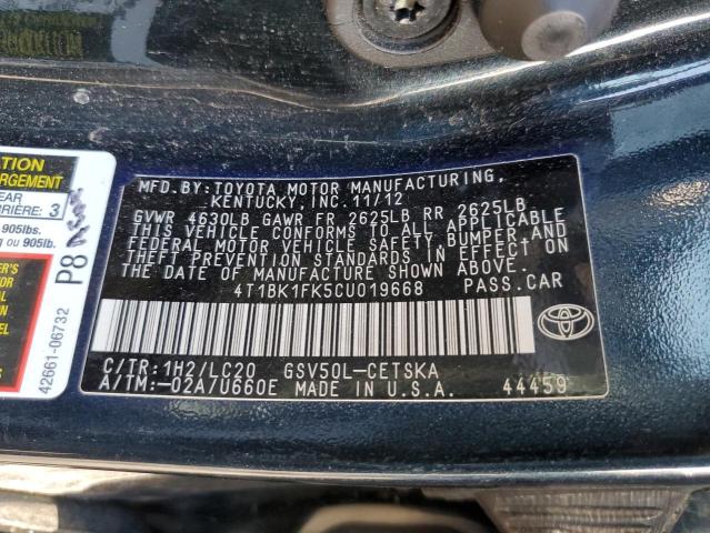Photo 10 from auction – 2012 TOYOTA CAMRY SE with VIN 4T1BK1FK5CU019668