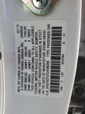 Photo 10 from auction – 2012 HONDA CIVIC LX with VIN 2HGFB2F57CH586006