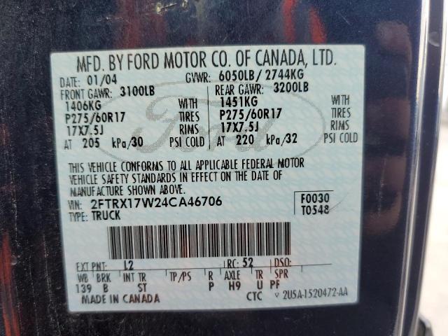 Photo 10 from auction – 2004 FORD F-150 HERI with VIN 2FTRX17W24CA46706