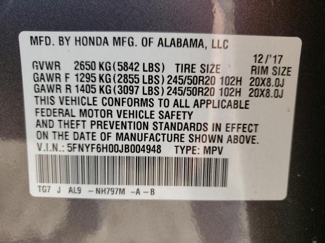 Photo 10 from auction – 2018 HONDA PILOT ELIT with VIN 5FNYF6H00JB004948