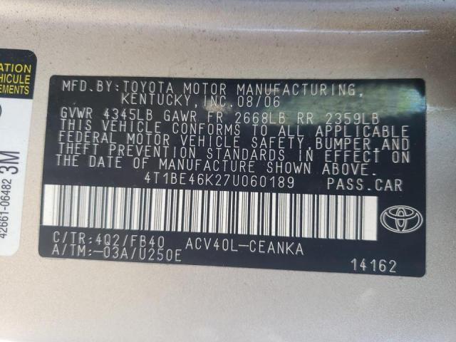 Photo 10 from auction – 2007 TOYOTA CAMRY CE with VIN 4T1BE46K27U060189