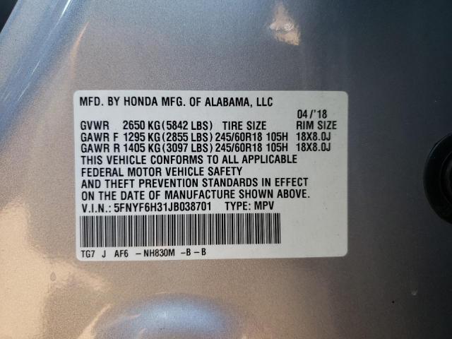 Photo 10 from auction – 2018 HONDA PILOT EX with VIN 5FNYF6H31JB038701