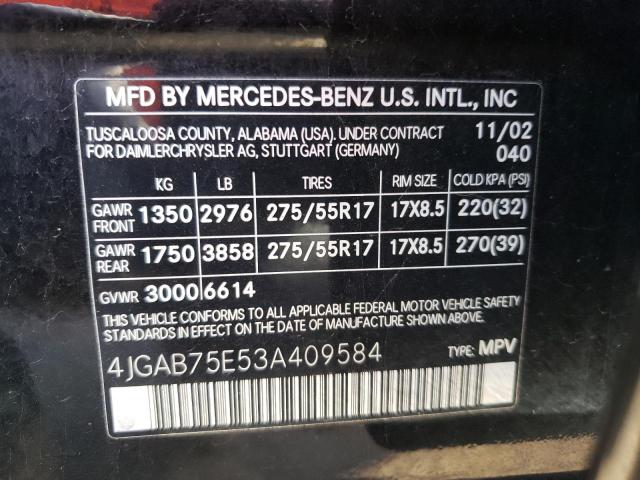 Photo 10 from auction – 2003 MERCEDES-BENZ ML 500 with VIN 4JGAB75E53A409584