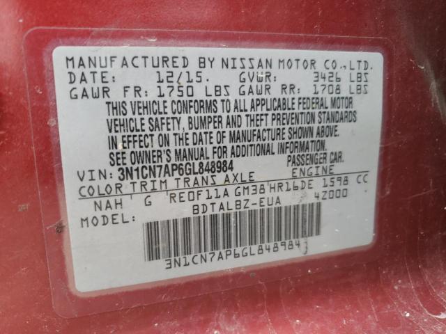 Photo 10 from auction – 2016 NISSAN VERSA S with VIN 3N1CN7AP6GL848984