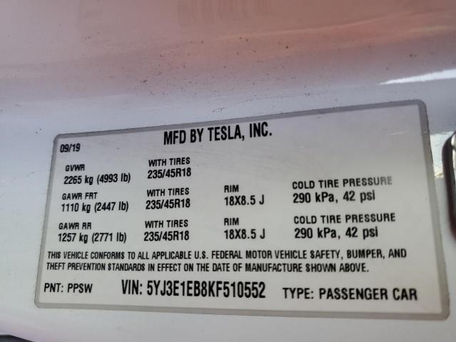 Photo 10 from auction – 2019 TESLA MODEL 3 with VIN 5YJ3E1EB8KF510552