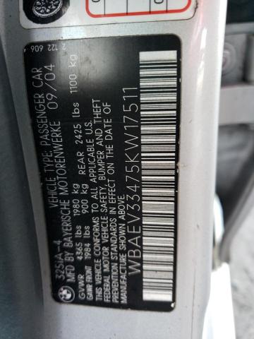 Photo 10 from auction – 2005 BMW 325 I with VIN WBAEV33475KW17511