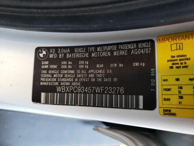 Photo 10 from auction – 2007 BMW X3 3.0SI with VIN WBXPC93457WF23276