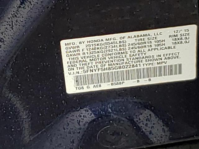 Photo 10 from auction – 2016 HONDA PILOT EXL with VIN 5FNYF5H85GB022841