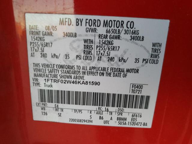 Photo 10 from auction – 2006 FORD F150 with VIN 1FTRF02W46KA81590