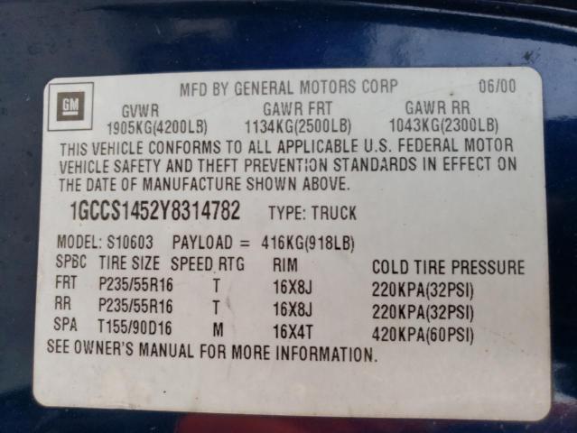 Photo 10 from auction – 2000 CHEVROLET S10 PICKUP with VIN 1GCCS1452Y8314782
