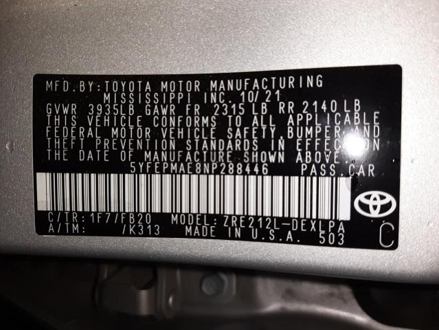 Photo 10 from auction – 2022 TOYOTA COROLLA LE with VIN 5YFEPMAE8NP288446