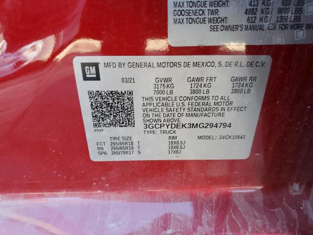 Photo 10 from auction – 2021 CHEVROLET SILVERADO with VIN 3GCPYDEK3MG294794