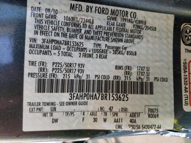 Photo 10 from auction – 2011 FORD FUSION SE with VIN 3FAHP0HA7BR153625