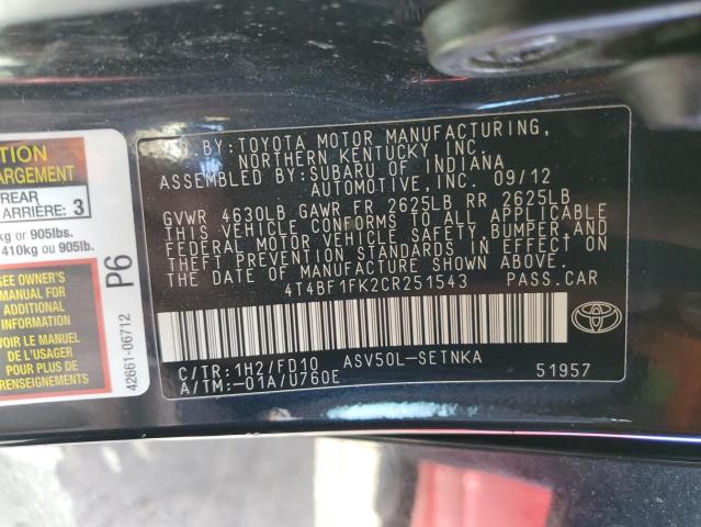 Photo 10 from auction – 2012 TOYOTA CAMRY BASE with VIN 4T4BF1FK2CR251543
